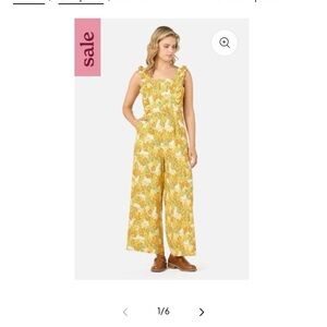 Princess Highway Yellow Floral with cats Wide-Leg Ruffle-Strap Jumpsuit Size 16